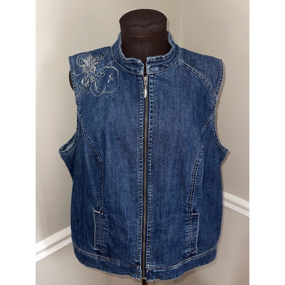 Christopher Banks Y2K Embellished Jean Vest Zip Up Plus Size 1X Stretch